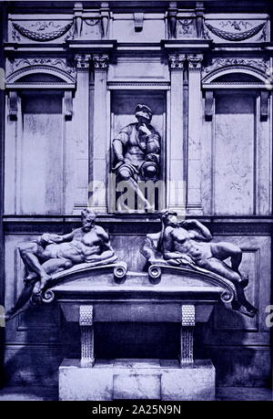 Grab von Giuliano de Medici von Michelangelo. Michelangelo di Lodovico Buonarroti Simoni (1475-1564) ein italienischer Bildhauer, Maler, Architekt und Dichter der Renaissance. Stockfoto