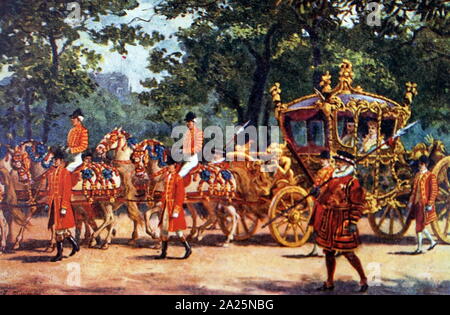 Aquarell, King George V und Queen Mary in ihrem Krönungswagen Stockfoto