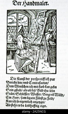 Holzschnitt Kupferstich mit dem Titel "Die Maler" von Jost Amman. Von Jost Amman (1539-1591), ein Schweizer Künstler. Stockfoto