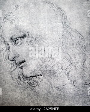 Schwarze Kreide Skizze des hl. Philippus (Studie für das Letzte Abendmahl) von Leonardo da Vinci. Leonardo da Vinci (1452-1519), einem italienischen Universalgelehrten der Renaissance. Stockfoto