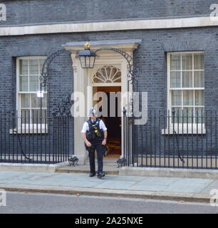 Larry der Downing Street 10 Katze und Chief mouser des Cabinet Office. An der Tür Nummer 10 Downing Street Büro und Wohnsitz des britischen Premierministers Stockfoto