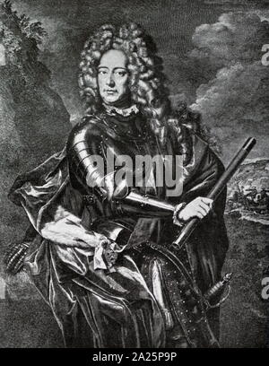 Gravur, John Churchill, erster Herzog von Marlborough. General John Churchill, erster Herzog von Marlborough, 1 Prinz von Mindelheim, 1 Graf von nellenburg, Fürst des Heiligen Römischen Reiches (1650-1722) ein englischer Soldat und Staatsmann. Stockfoto