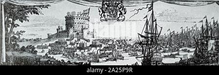 Ein holzschnitt Kupferstich mit der Darstellung der Landung von William III (1650-1702) die souveränen Fürsten von Orange. Stockfoto