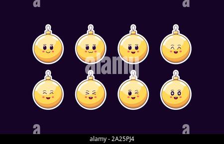 Cartoon Kawaii Ball Spielzeug, Weihnachten Sticker Set. Neues Jahr und Weihnachten süß Eingestellt von goldenen Glaskugel, Noel Dekoration mit Emotionen. Festliche Charakter mit Stock Vektor