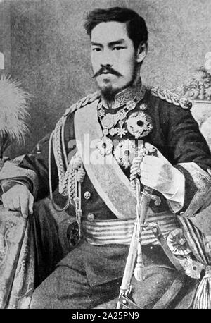 Kaiser Meiji (1852-1912), Kaiser von Japan, Regierende ab dem 3. Februar 1867 bis zu seinem Tod am 30. Juli 1912. Er den Vorsitz der Meiji Periode, eine Zeit des rasanten Wandel, erlebt das Kaiserreich Japan schnell von einem Isolationistischen feudalen Staat zu einer industrialisierten Welt verwandeln. Stockfoto