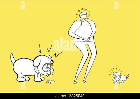Mann lachenden kleinen Hund, aber er ist nicht der große Hund sehen, hinter ihm. Sie 'il schreien werden in Angst. Vector Illustration. Weiße und schwarze Umrisse und Farben Stock Vektor