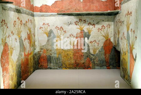 Lilien fresco, Akrotiri, Thera. Der Bronzezeit Fresken von Akrotiri auf der Ägäischen Insel Thera (Santorin) heute einige der berühmtesten Bilder von der antiken griechischen Welt. Irgendwann zwischen 1650 und 1550 v. Chr. Thera erlitt einen verheerenden Erdbeben, die die Stadt zerstört Stockfoto