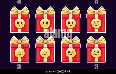 Cartoon Kawaii roter Geschenkbox, Weihnachten Sticker Set. Neues Jahr und Weihnachten Sammlung von süßen Geschenk mit goldenen Bogen, verschiedene Gefühle. Festliche Charakter w Stock Vektor