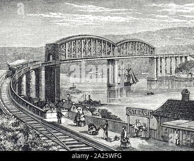 Ein kupferstich mit der Darstellung der Royal Albert Bridge, eine Eisenbahn Brücke überspannt den Fluss Tamar in England zwischen Plymouth, Devon und Saltash, Cornwall. Von Isambard Kingdom Brunel FRS (1806-1859) ein englischer mechanische und Bauingenieur konzipiert. Vom 19. Jahrhundert Stockfoto