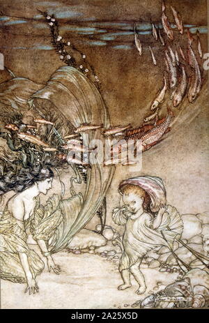 Abbildung von Arthur Rackham 1910 Spiegel, Ondine (Undine), eine märchenhafte Novelle von Friedrich de la Motte Fouque, Undine, ein Geist, heiratet einen Ritter namens Huldebrand, um eine Seele zu gewinnen. Es ist eine frühe deutsche Romantik Stockfoto