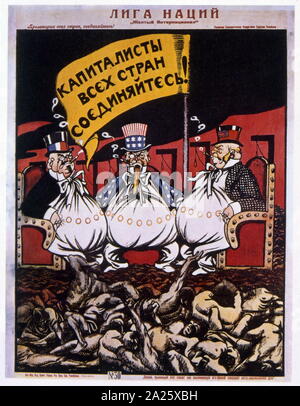 Sowjetischen Propagandaplakat 1920' Kapitalisten aller Länder, vereinigt Euch!" Anti-Liga der Nationen (Plakat), 1920. Entworfen von Viktor Nikolaevich Denissow (Viktor Deni), (1893-1946), russische Satiriker, Cartoonist und Poster Artist Stockfoto