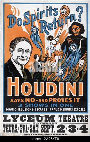 Plakat für Harry Houdini's Show am Lyceum Theatre. Harry Houdini (1874-1926), ungarisch-amerikanischer illusionist und Stuntman. Stockfoto