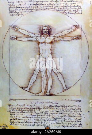 Der vitruvianische Mensch (Le proporzioni del Corpo umano secondo Vitruvio), eine Zeichnung von der Italienischen universalgelehrten Leonardo da Vinci um 1490. Die Zeichnung wird auf die Korrelationen der idealen menschlichen Körperproportionen mit Geometrie beschrieben, die von den alten römischen Architekten Vitruv in Buch III seiner Abhandlung De architectura. Leonardo da Vinci (April 1452 - Mai 1519), ein italienischer Universalgelehrten der Renaissance. Stockfoto