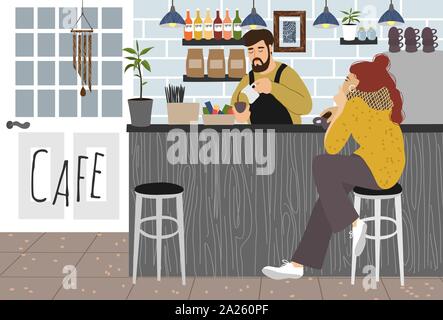 Cafe. Mädchen Getränke Kaffee an der Theke in einer trendigen Coffee House und Barista brüht einen heißen Getränk in den Innenraum. Freehand von Vektor cute Stock Vektor