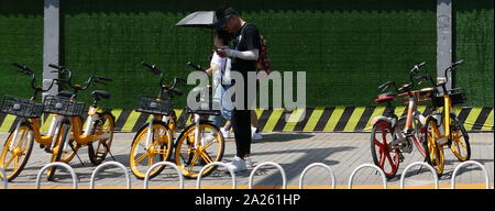 Junge Radfahrer Buch vermietet city Fahrräder in Peking mit Booking ihre Mobiltelefone. Stockfoto