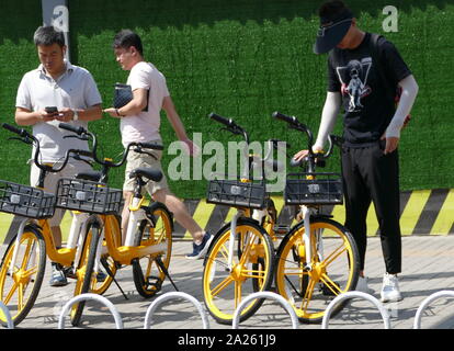 Junge Radfahrer Buch vermietet city Fahrräder in Peking mit Booking ihre Mobiltelefone. Stockfoto