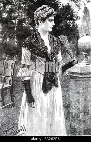Eine Gravur, eine junge Frau in einem lace Shawl verwendet einen Lüfter, um sich abzukühlen. Vom 19. Jahrhundert Stockfoto