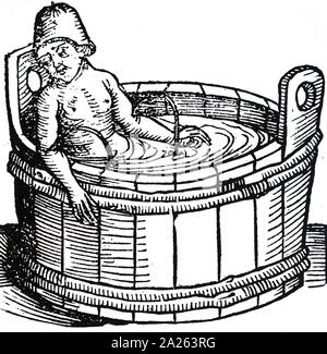 Ein holzschnitt Kupferstich mit der Darstellung der Selbstmord von Seneca der Jüngere (4 v. Chr. - 65 v. Chr.) der römische Stoiker Philosoph, Staatsmann, Dramatiker und Autor, in der Badewanne. Vom 15. Jahrhundert Stockfoto