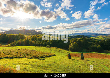 Wunderbare Landschaft im Abendlicht. hay Stacks auf dem Feld, Wald auf einem Hügel. Himmel mit Wolken über dem Bergrücken. Tolle Aussicht auf Carpathia Stockfoto