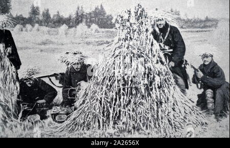 Belgische Soldaten in einem Feld mit Heu als Tarnung im Ersten Weltkrieg 1914 Stockfoto