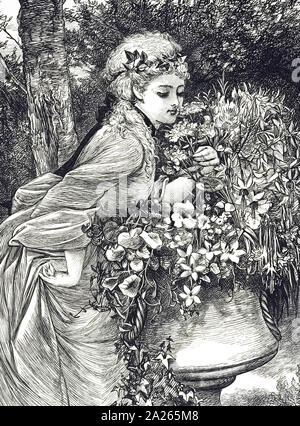 Ein kupferstich mit der Darstellung eines jungen Mädchens duftende Blumen in einem Garten urn untergebracht. Mit Ill. von Mary Ellen Edwards (1838-1934) ein englischer Künstler und Illustrator von Kinderbüchern. Vom 19. Jahrhundert Stockfoto