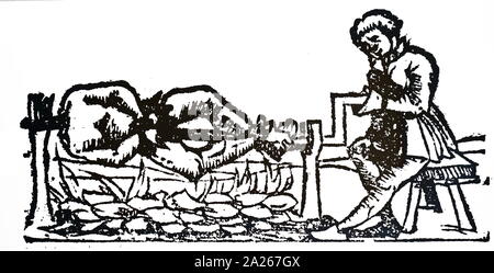 Ein holzschnitt Kupferstich mit der Darstellung der Praxis des Kannibalismus: Ein Mann ist Kochen ein menschlicher Körper am Spieß. Vom 16. Jahrhundert Stockfoto
