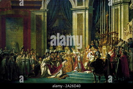 Krönung Napoleons von Jacques Louis David, dem offiziellen Maler von Napoleon. Die Malerei hat imposanten Dimensionen, wie es fast zehn Meter breite und etwa 6 Meter hoch. Die Krönung und der Krönung fand in Notre-Dame de Paris, eine Möglichkeit für Napoleon ist es klar, dass er ein Sohn der Revolution zu stellen. Stockfoto