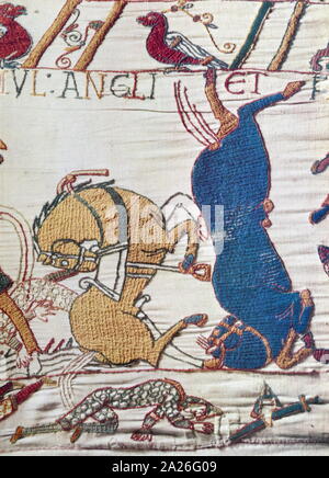 Episode aus dem Teppich von Bayeux, der bestickten Tuch fast 70 Meter (230 ft) lang, die die Ereignisse, die zu der Normannischen Eroberung Englands zeigt, die ihren Höhepunkt in der Schlacht von Hastings, in 1066. Es ist bis heute auf das 11. Jahrhundert dachte, nur wenige Jahre nach der Schlacht. Erzählt wird die Geschichte aus der Sicht der Normannen erobern. Stockfoto