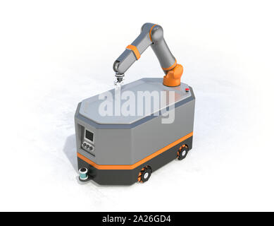 Mobile Roboter AGV isoliert auf weißem Hintergrund. 3D-Bild. Stockfoto