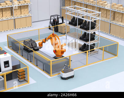 Mobile Roboter, schwere Nutzlast Roboterzelle und CNC-Maschinen in der smart factory. 3D-Bild. Stockfoto