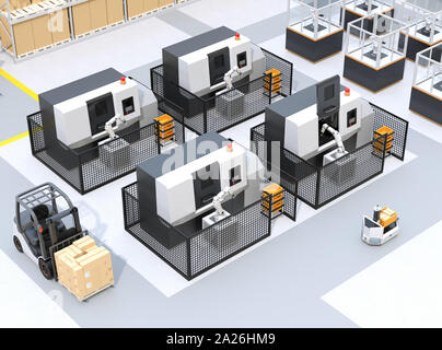 Mobile Roboter, CNC Roboterzellen im Werk. Smart Factory Konzept. 3D-Bild. Stockfoto