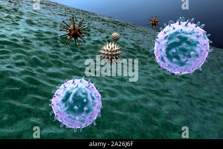 Makrophagen und Virus, gerenderten 3d-Makrophagen und Virus, im menschlichen Körper, Medizinische video Hintergrund, Viren im menschlichen Körper Stockfoto