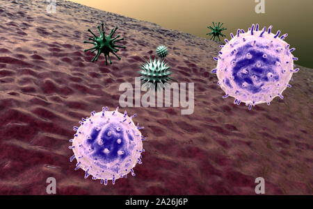 Makrophagen und Virus, gerenderten 3d-Makrophagen und Virus, im menschlichen Körper, Medizinische video Hintergrund, Viren im menschlichen Körper Stockfoto