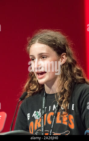 Uma Krieger, eine Jugend Streiks, Vertreter von der Labour Party, Jahresbericht 2019 Conference, Brighton, UK Stockfoto