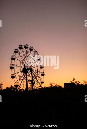 Silhouette einer Riesenrad bei Sonnenaufgang (Sonnenuntergang) der Sonne auf dem Hintergrund der Bäume und Gras. Schönen Hintergrund mit kopieren. Stockfoto