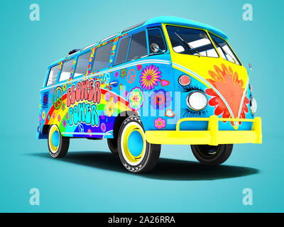 Blau Sommer retro van in Farben und Rainbow 3D-Render auf blauem Hintergrund mit Schatten Stockfoto
