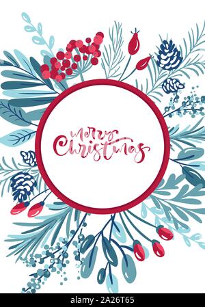 Frohe Weihnachten kalligrafische Schriftzüge Hand geschriebenen Text. Grußkarte Design mit Blumen und Beeren xmas-Elemente. Moderne Winter Postkarte Stock Vektor