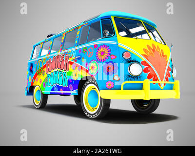 Blau Sommer retro van in Farben und Rainbow 3D-Render auf grauem Hintergrund mit Schatten Stockfoto