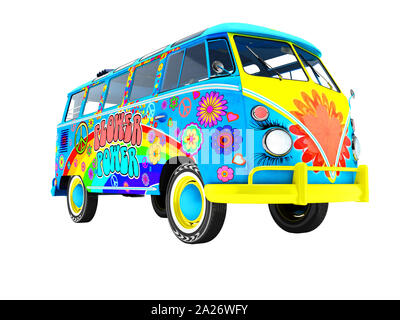Blau Sommer retro van in Farben und Rainbow 3D-Render auf weißem Hintergrund kein Schatten Stockfoto