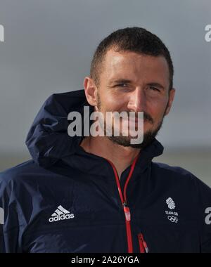 Poole. Vereinigtes Königreich. 01. Oktober 2019. Giles Scott (Finn mens eine Person beiboot Heavy) TeamGB die ersten Athleten für die Olympischen Spiele 2020 ausgewählt Tokyo bekannt geben. Segeln. Haven Rockley Holiday Park. Poole. Dorset. UK. Credit: Sport in Bildern/Alamy leben Nachrichten Stockfoto