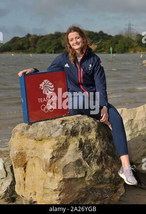 Poole. Vereinigtes Königreich. 01. Oktober 2019. Eilidh Mcintyre (470 Frauen zwei Person beiboot). TeamGB verkünden die ersten Athleten für die Olympischen Spiele 2020 in Tokio ausgewählt. Segeln. Haven Rockley Holiday Park. Poole. Dorset. UK. Credit: Sport in Bildern/Alamy leben Nachrichten Stockfoto