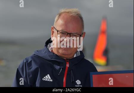 Poole. Vereinigtes Königreich. 01. Oktober 2019. Markieren England (Chef de Mission). TeamGB verkünden die ersten Athleten für die Olympischen Spiele 2020 in Tokio ausgewählt. Segeln. Haven Rockley Holiday Park. Poole. Dorset. UK. Credit: Sport in Bildern/Alamy leben Nachrichten Stockfoto