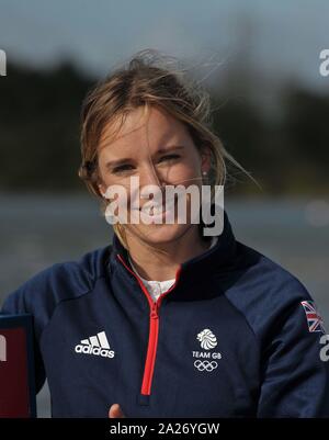 Poole. Vereinigtes Königreich. 01. Oktober 2019. Hannah Mühlen (470 Frauen zwei Person beiboot). TeamGB verkünden die ersten Athleten für die Olympischen Spiele 2020 in Tokio ausgewählt. Segeln. Haven Rockley Holiday Park. Poole. Dorset. UK. Credit: Sport in Bildern/Alamy leben Nachrichten Stockfoto