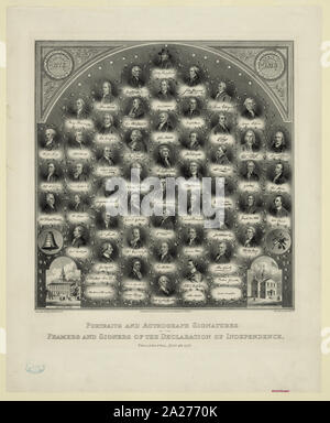Porträts und Autogramm Unterschriften der Verfasser und Unterzeichner der Unabhängigkeitserklärung, Philadelphia, 4. Juli. 1776/Thos. Jäger, Lith. Philada. Stockfoto