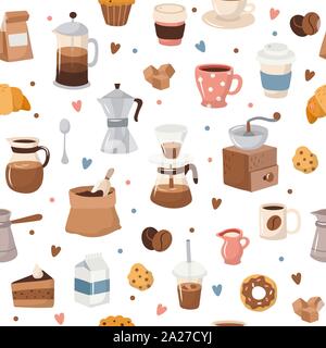 Kaffee, verschiedene Kaffee Elemente. Cute cartoon Symbole in der Hand gezeichneten Stil auf blauem Hintergrund Vector Illustration Stock Vektor