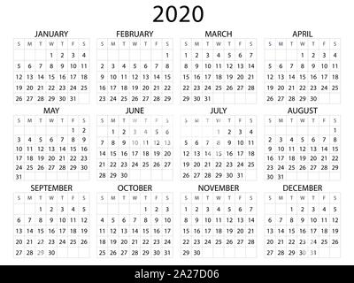 Einfacher Kalender Layout für 2020. Woche startet ab Sonntag, Business Template. Vector Illustration Stock Vektor