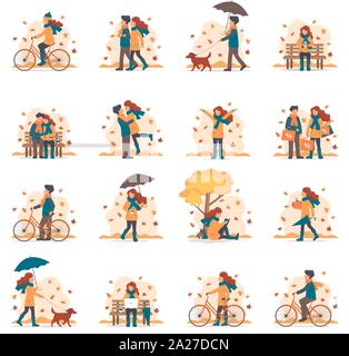 Menschen mit unterschiedlichen Aktivitäten im Freien im Herbst. Vector Illustration im flachen Stil Stock Vektor