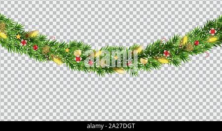 Breite Weihnachten Grenze Girlande fromf Tannenzweigen, Bälle, Tannenzapfen und andere Verzierungen, auf transparentem Hintergrund isoliert. Vector Illustration Stock Vektor