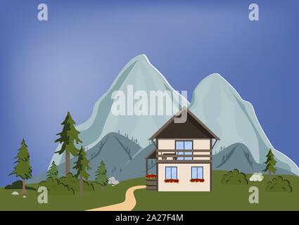 Berglandschaft mit Haus und Bäume. Sommer land Hintergrund. Vector Illustration. Wildnis leben Stock Vektor