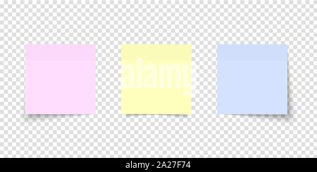 Post Note eingestellt. Aufkleber Papier. Verschiedene farbige Blatt beachten Sie Papiere mit gewellten Ecke auf transparentem Hintergrund. Mehrfarbige Noten. Stock Vektor